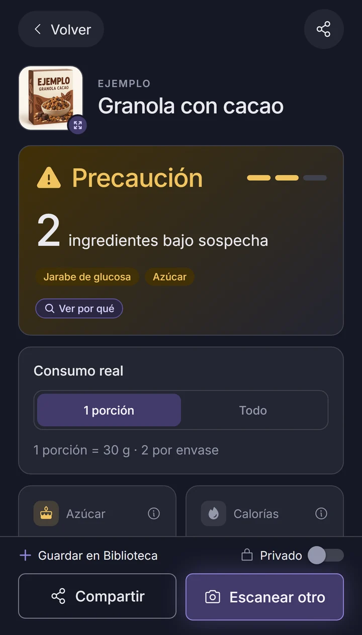 Pantalla de ingredientes de granola con jarabe de glucosa y azúcar destacados.