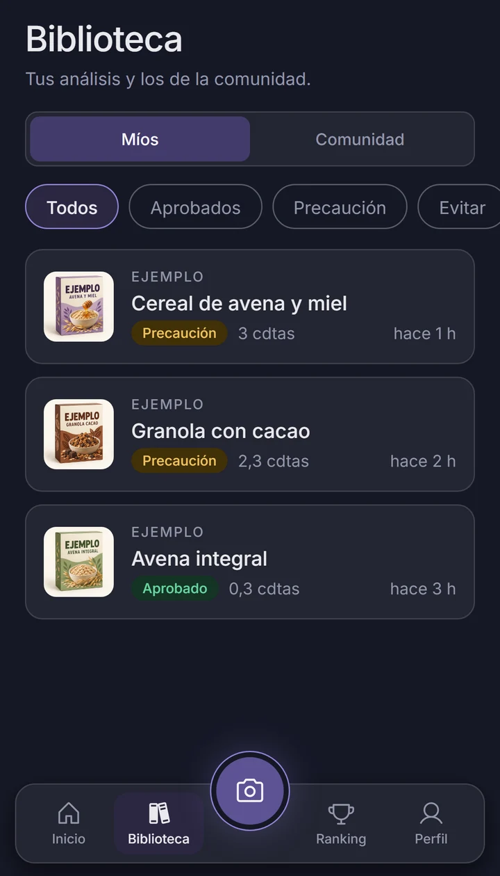 Biblioteca de NutriTruth con análisis de ejemplo guardados.