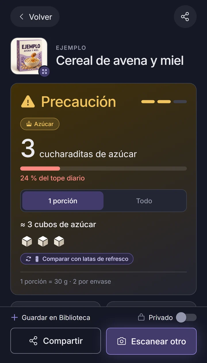 Resultado de ejemplo: cereal de avena y miel con tres cucharaditas de azúcar por porción.
